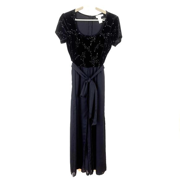 Vintage CDC Black Velvet Jumpsuit 4 Whimsigoth Dark Romantic 90s Y2K HOCO fairy - Picture 1 of 10